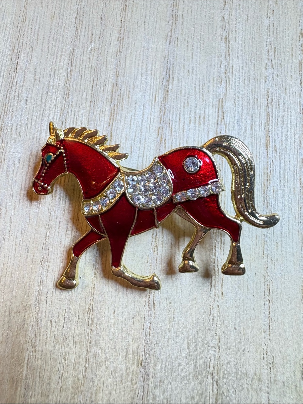 Red Enamel Horse Brooch with Rhinestones